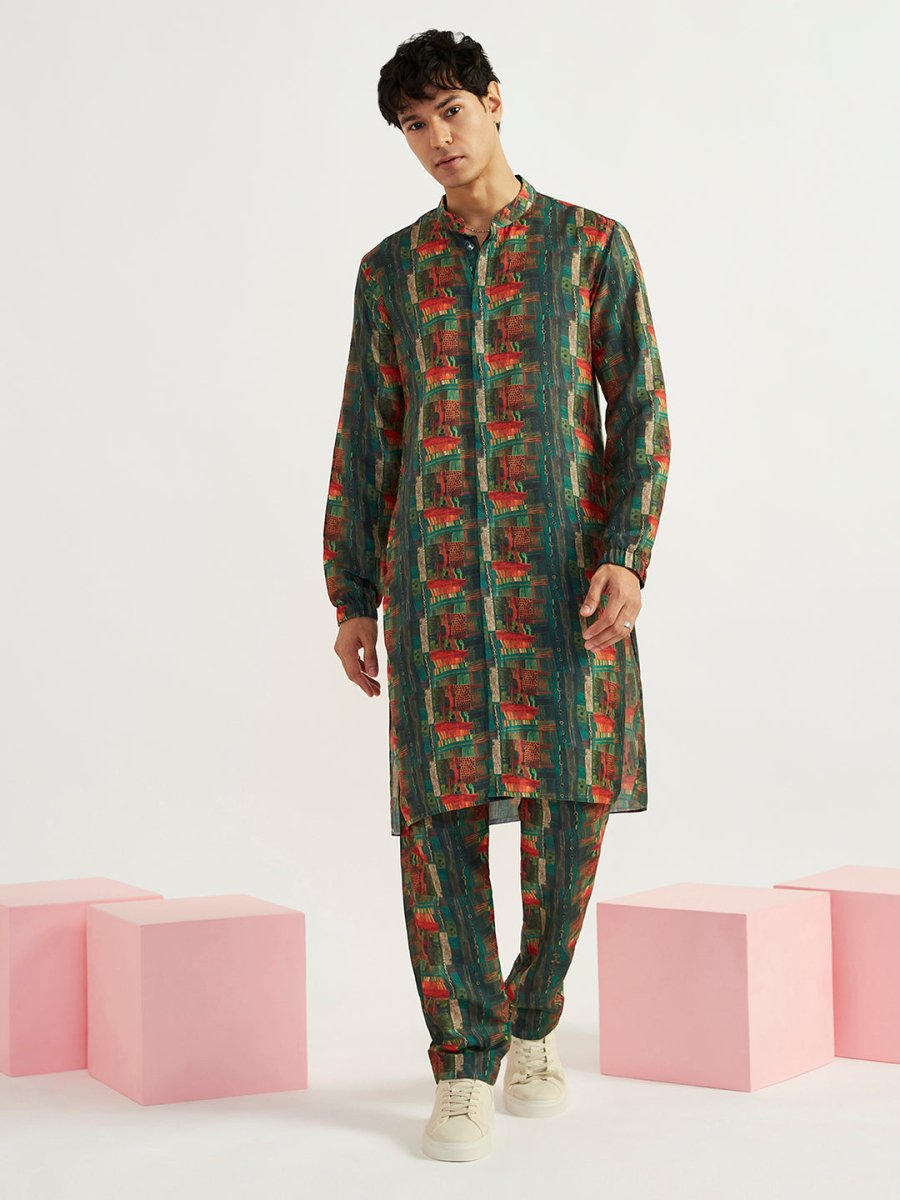 Men's Green Crepe Kurta and Pyjama Set - House of Sarvati LLC
