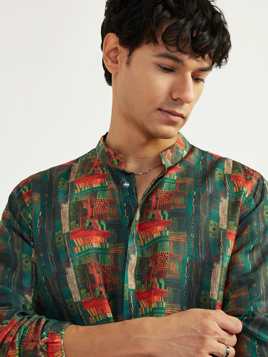 Men's Green Crepe Kurta and Pyjama Set - House of Sarvati LLC
