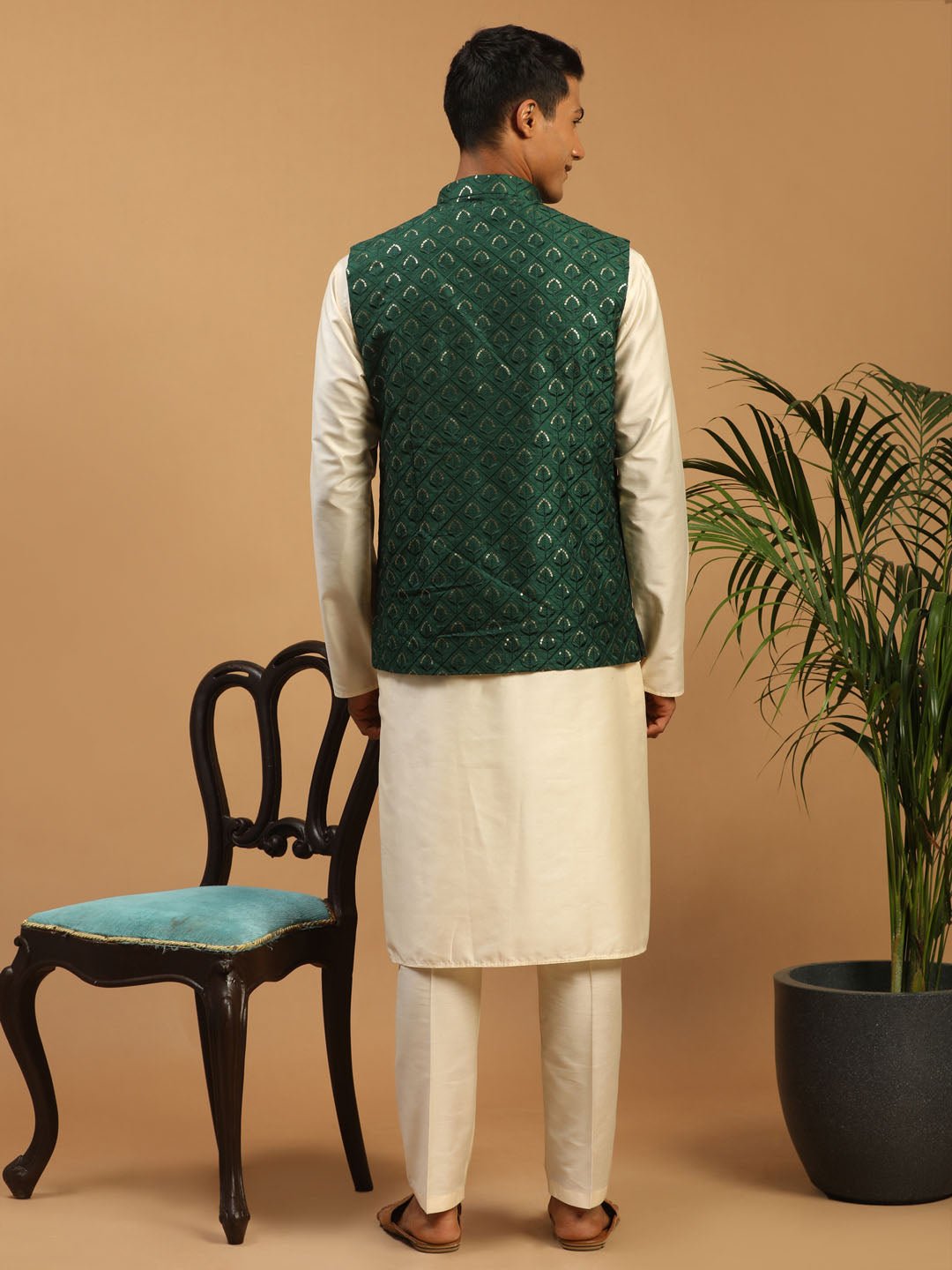 Men's Green Embroidered Nehru Jacket Set with Cream Silk Blend Kurta & Viscose Pyjama - view 3