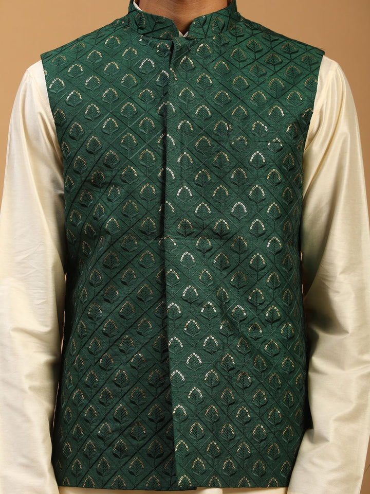 Men's Green Embroidered Nehru Jacket Set with Cream Silk Blend Kurta & Viscose Pyjama - view 4