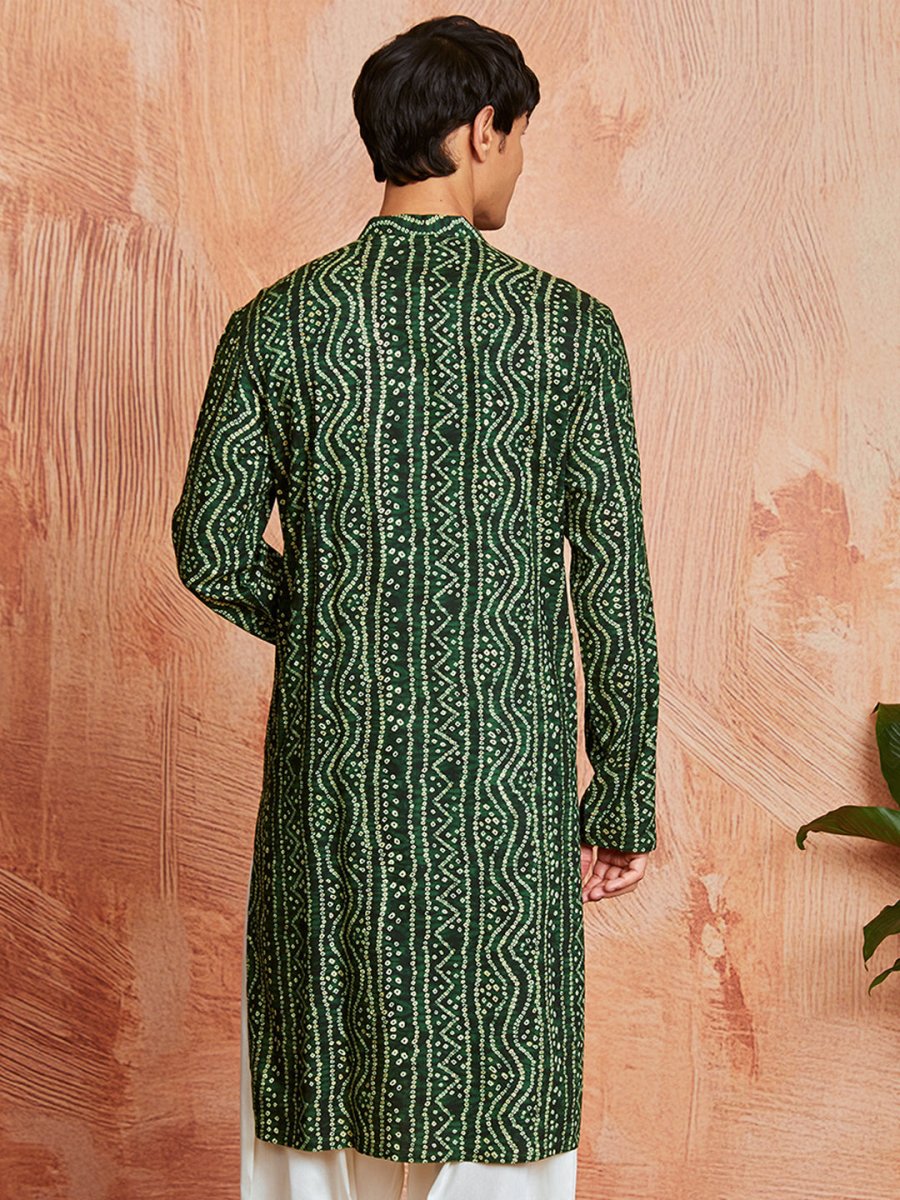 Men's Green Rayon Kurta with Bandhani Print - House of Sarvati LLC