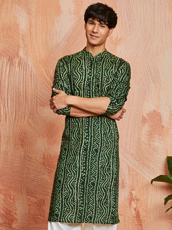Men's Green Rayon Kurta with Bandhani Print - House of Sarvati LLC