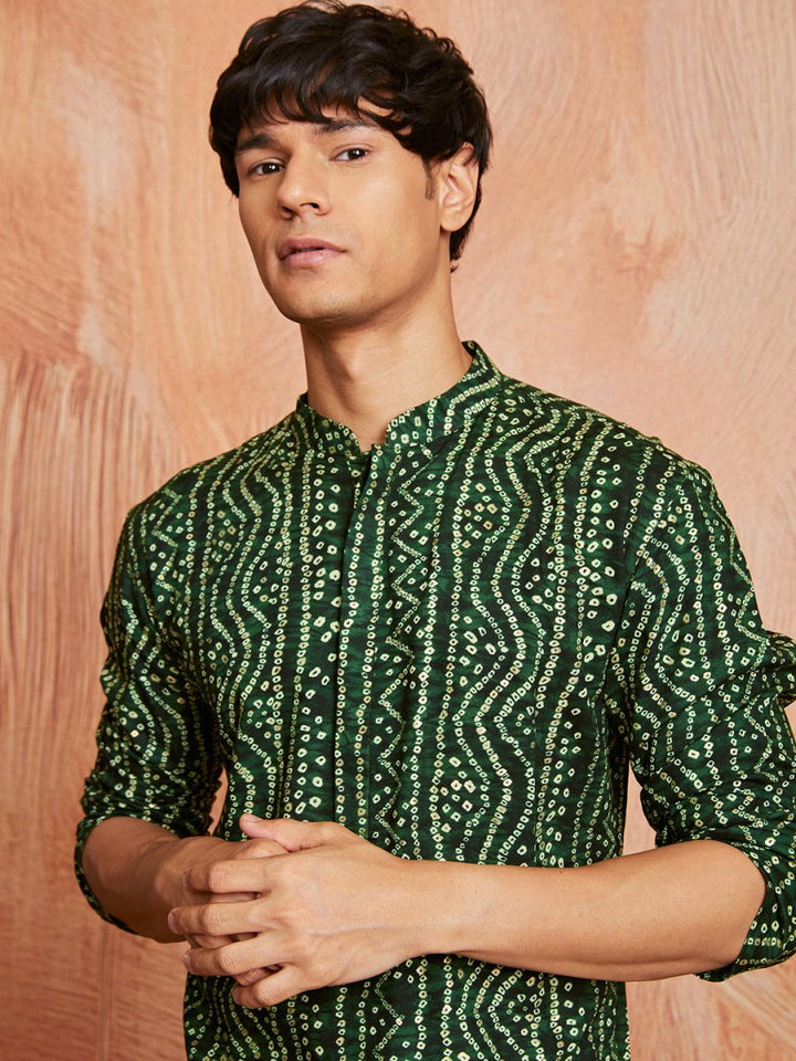 Men's Green Rayon Kurta with Bandhani Print - House of Sarvati LLC