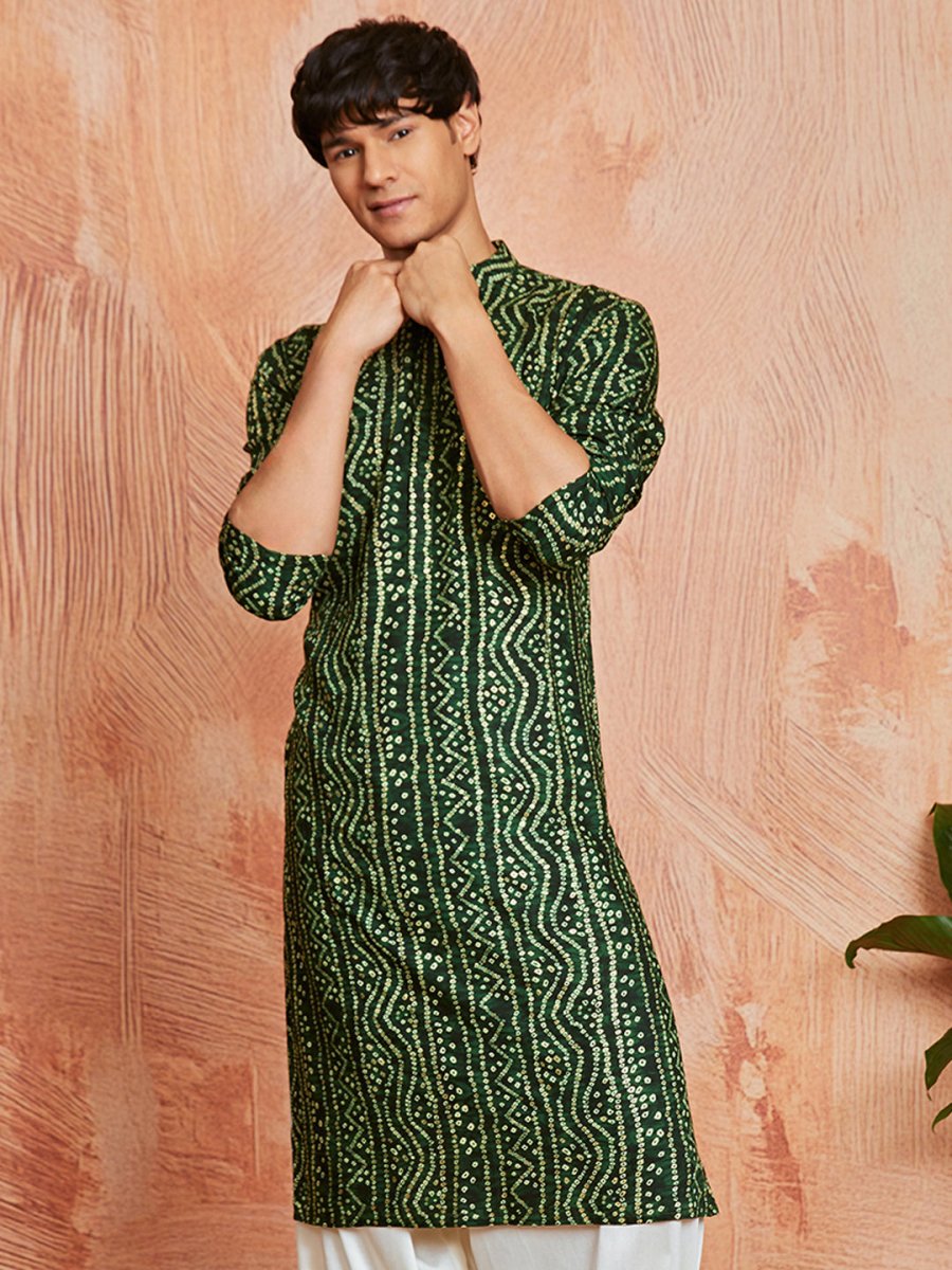 Men's Green Rayon Kurta with Bandhani Print - House of Sarvati LLC