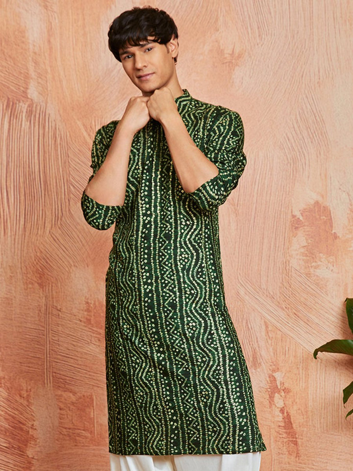 Men's Green Rayon Kurta with Bandhani Print - House of Sarvati LLC