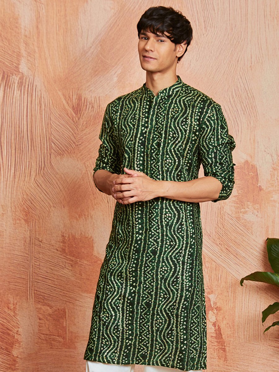 Men's Green Rayon Kurta with Bandhani Print - House of Sarvati LLC