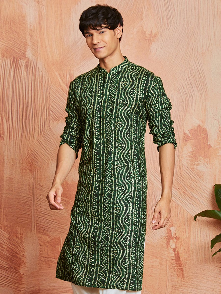 Men's Green Rayon Kurta with Bandhani Print - House of Sarvati LLC