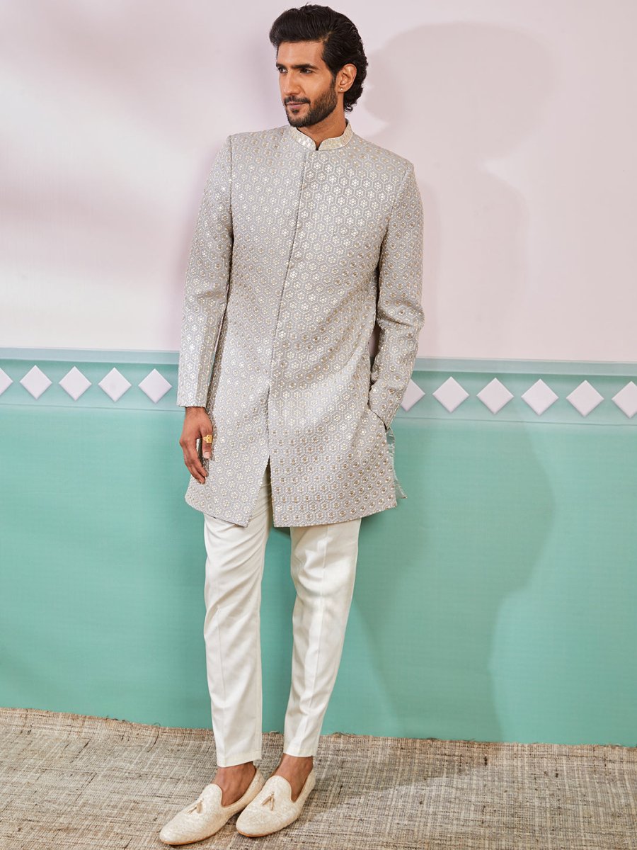 Men's Grey Rayon Sherwani & Pyjama Set - House of Sarvati LLC
