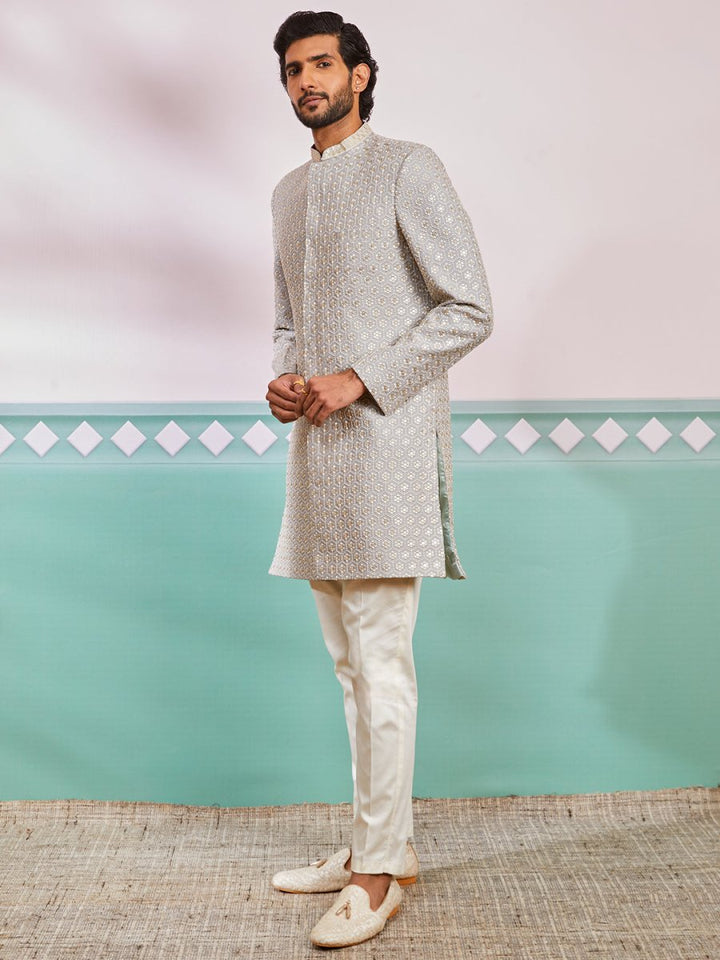 Men's Grey Rayon Sherwani & Pyjama Set - House of Sarvati LLC