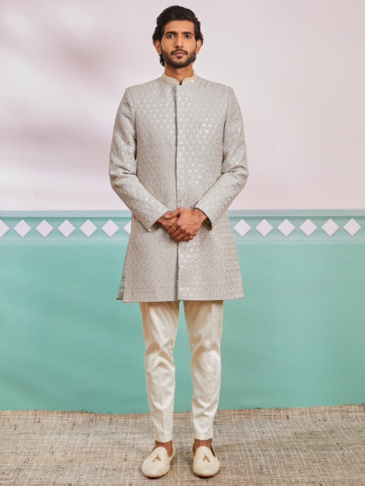 Men's Grey Rayon Sherwani & Pyjama Set - House of Sarvati LLC