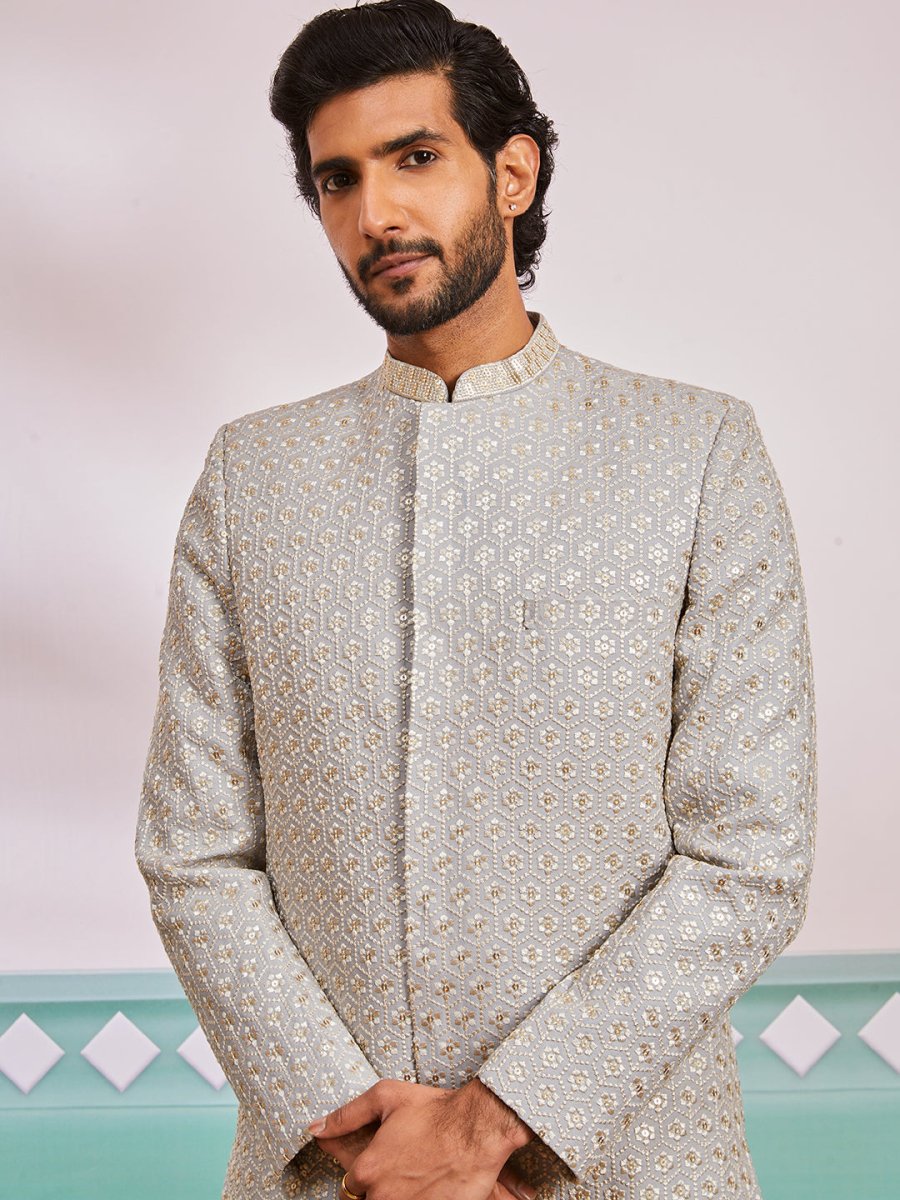 Men's Grey Rayon Sherwani & Pyjama Set - House of Sarvati LLC