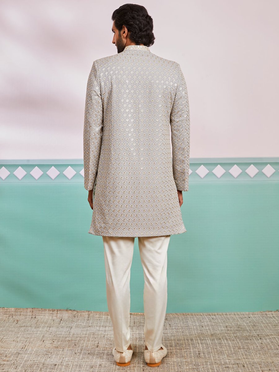 Men's Grey Rayon Sherwani & Pyjama Set - House of Sarvati LLC