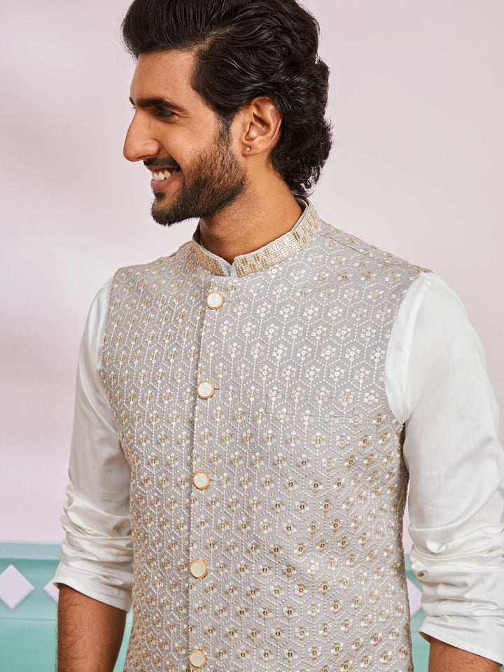 Men's Grey Satin Nehru Jacket Kurta Pyjama Set - House of Sarvati LLC