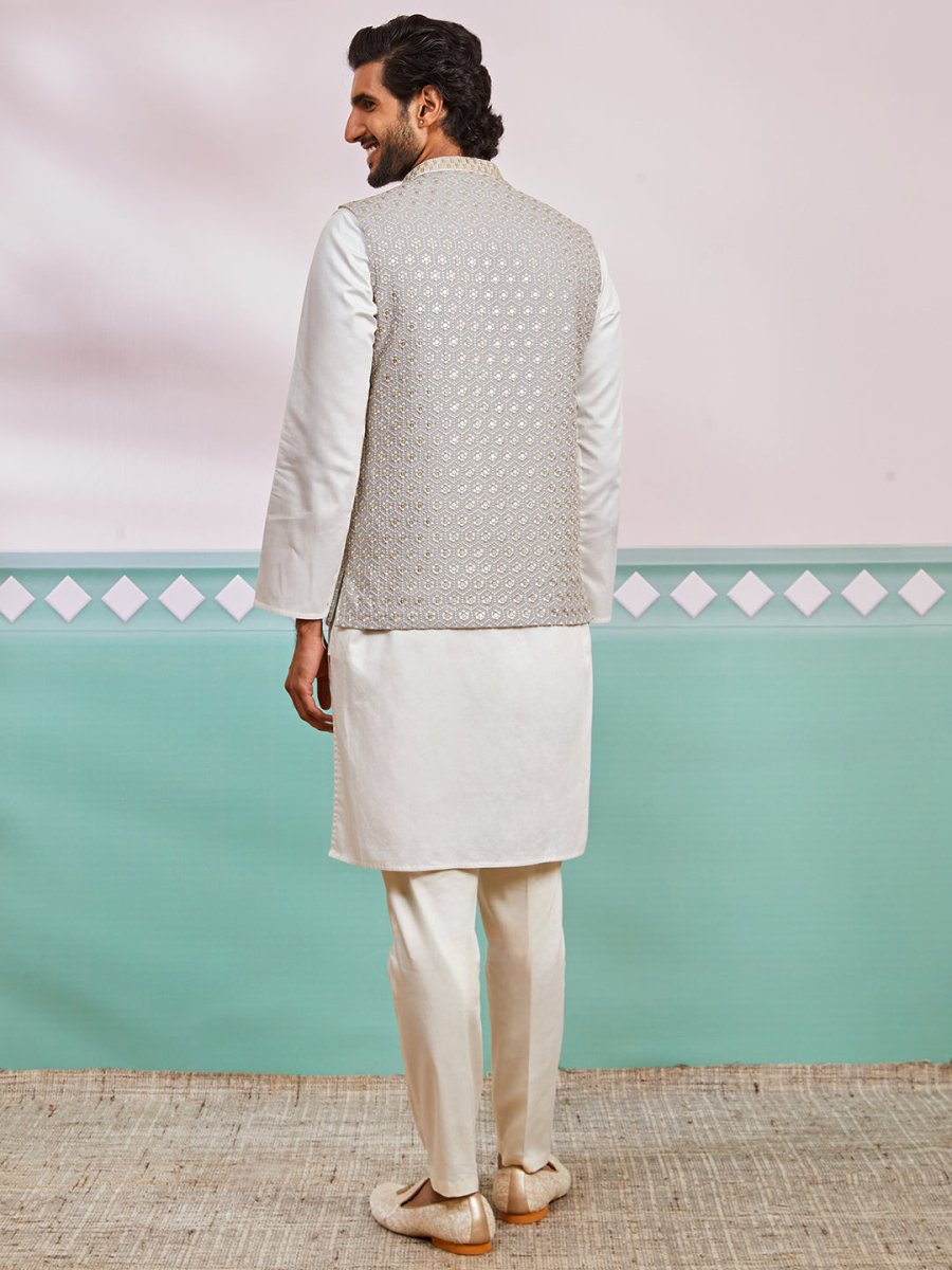 Men's Grey Satin Nehru Jacket Kurta Pyjama Set - House of Sarvati LLC