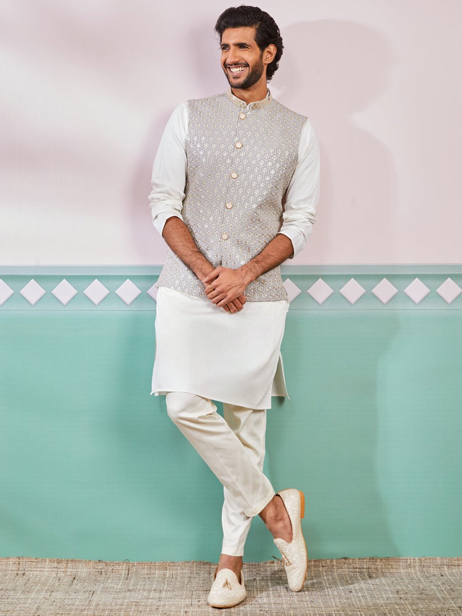 Men's Grey Satin Nehru Jacket Kurta Pyjama Set - House of Sarvati LLC