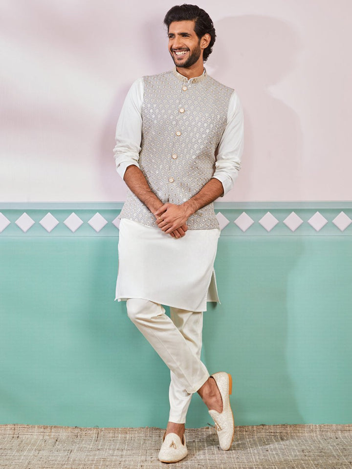 Men's Grey Satin Nehru Jacket Kurta Pyjama Set - House of Sarvati LLC