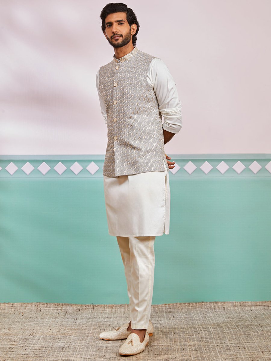 Men's Grey Satin Nehru Jacket Kurta Pyjama Set - House of Sarvati LLC
