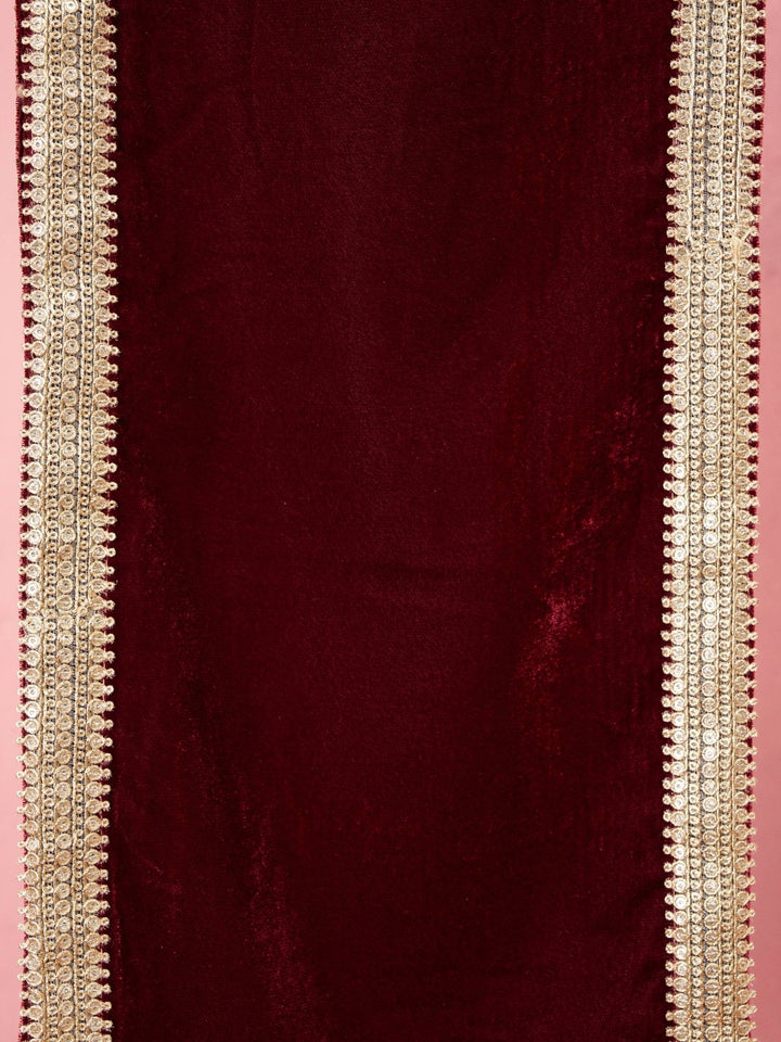 Men's Maroon Solid Velvet Kurta with Tassel Dupatta - view 2