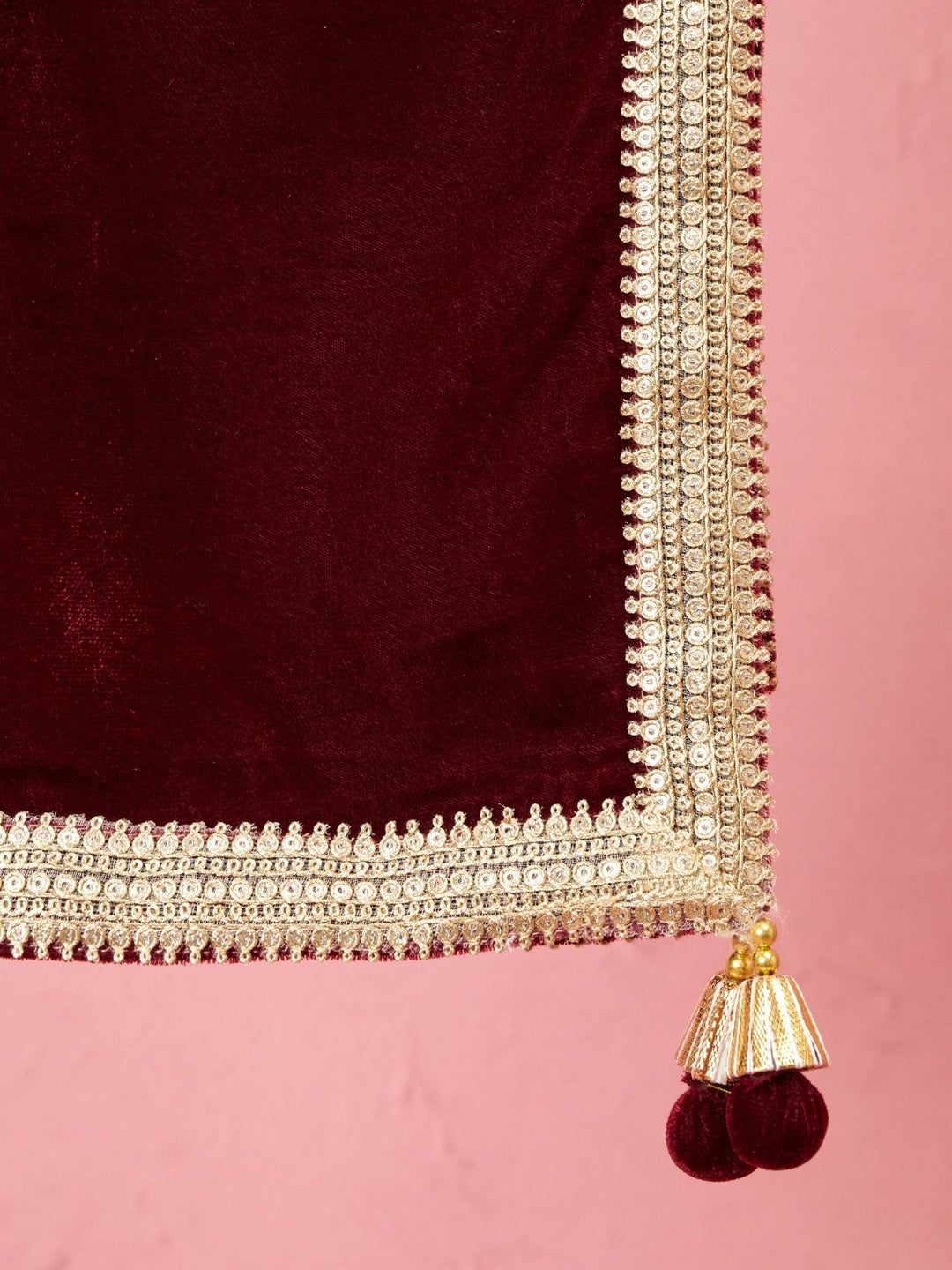 Men's Maroon Solid Velvet Kurta with Tassel Dupatta - view 4