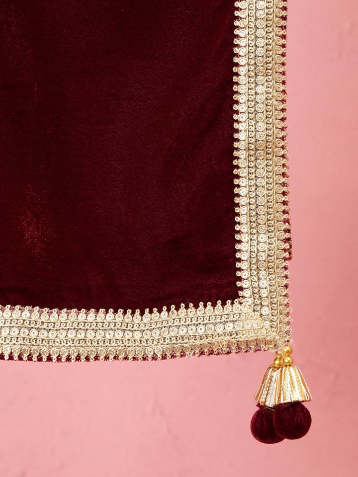 Men's Maroon Solid Velvet Kurta with Tassel Dupatta - view 4