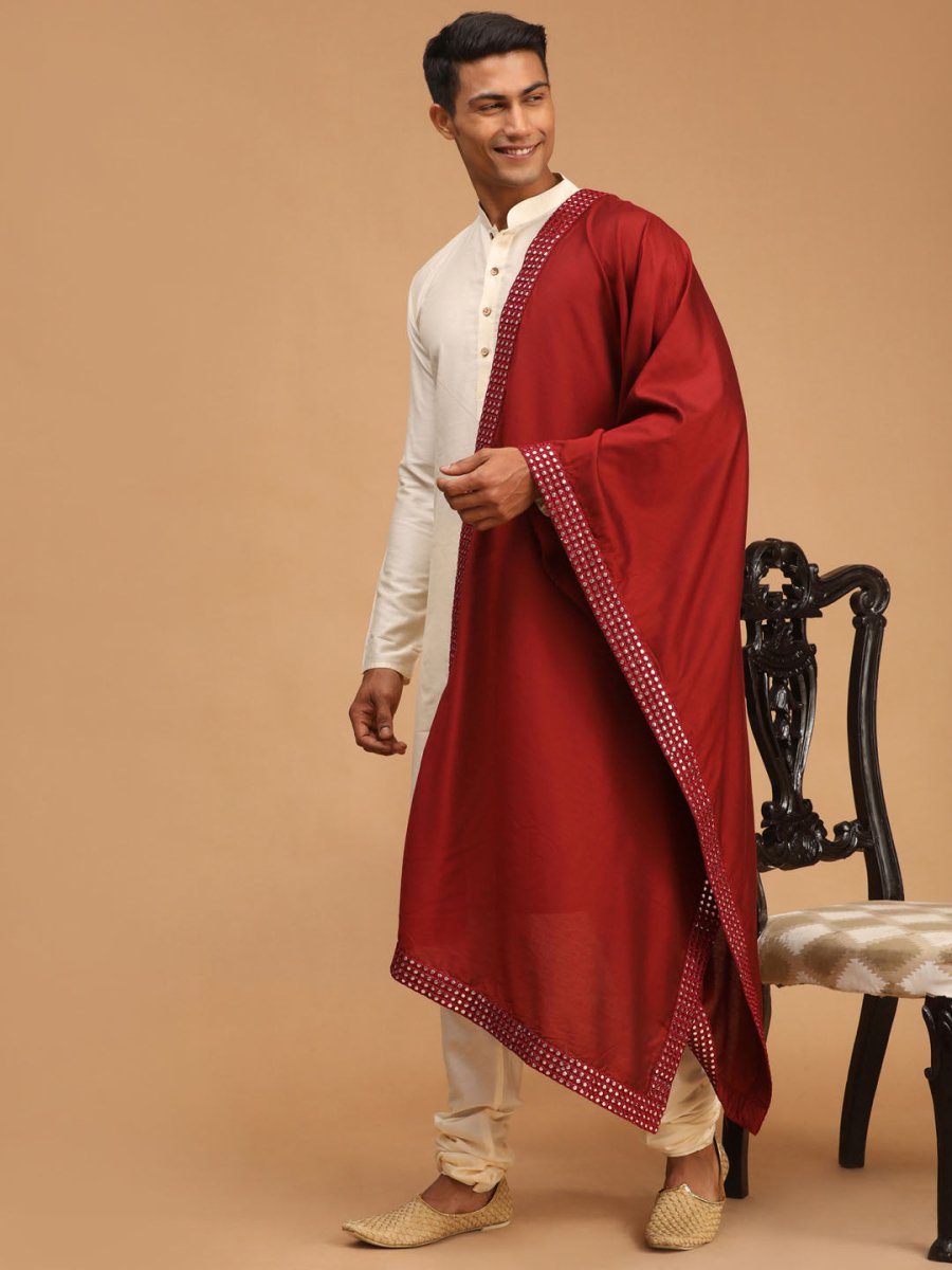 Men's Maroon Viscose Mirror Work Ethnic Dupatta - House of Sarvati LLC