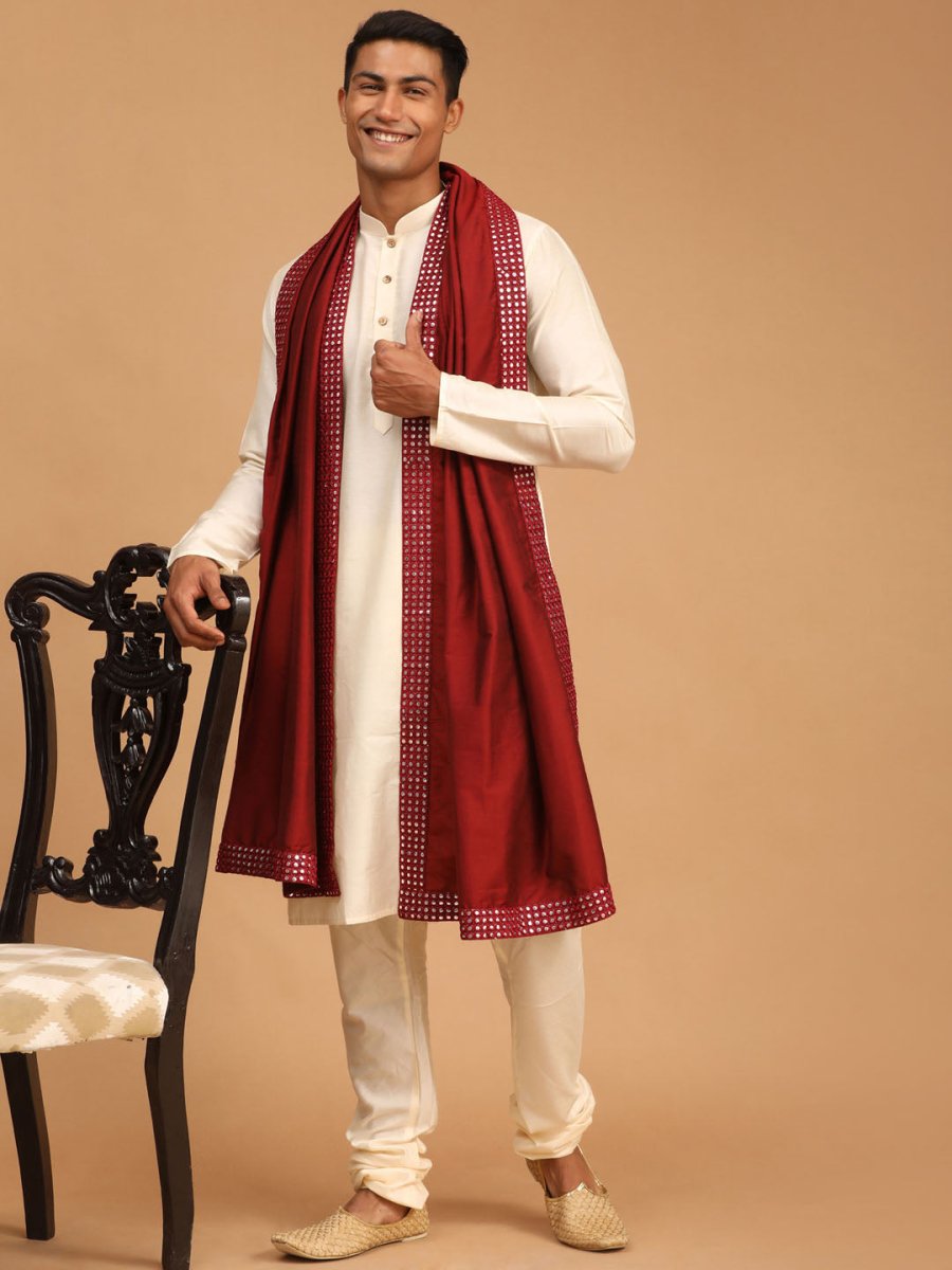 Men's Maroon Viscose Mirror Work Ethnic Dupatta - House of Sarvati LLC
