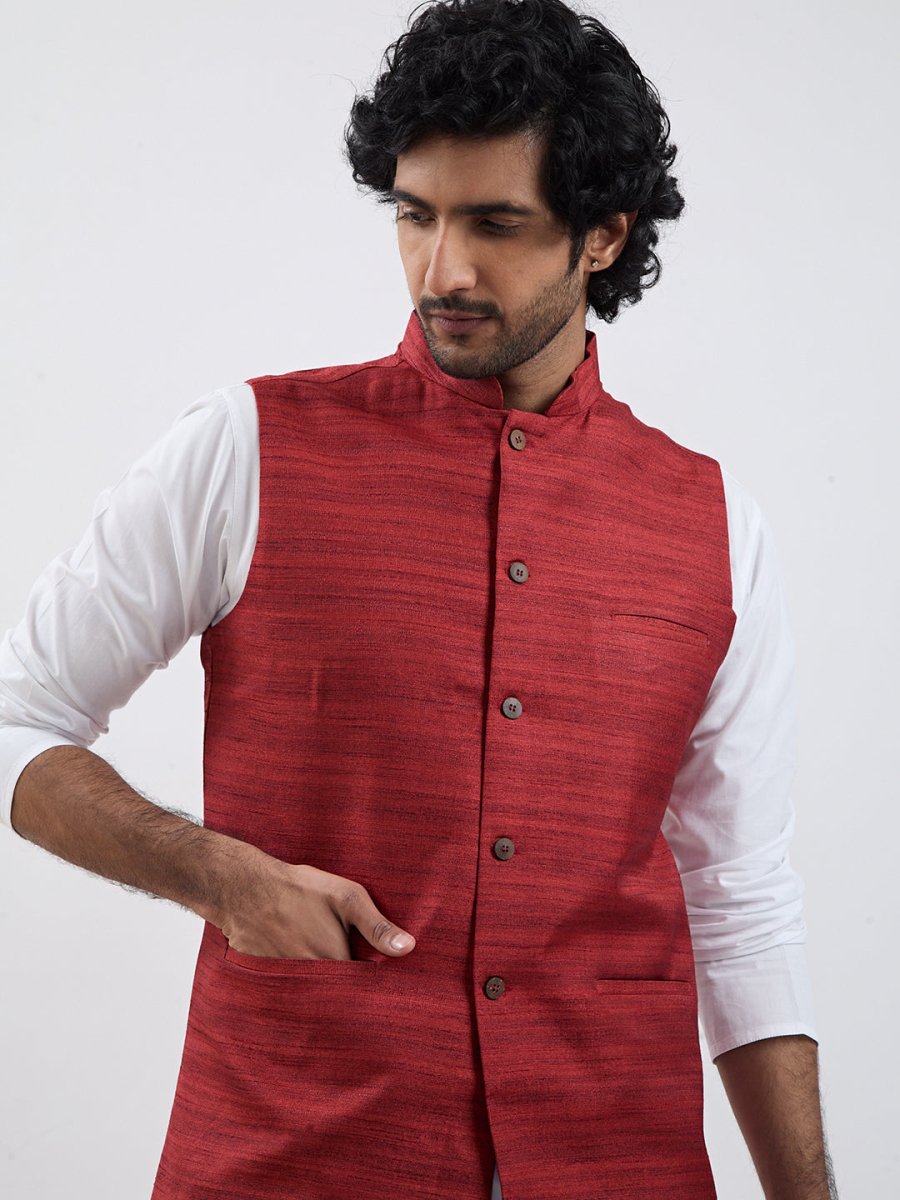 Men's Maroon & White Jacket Kurta Pyjama Set - House of Sarvati LLC