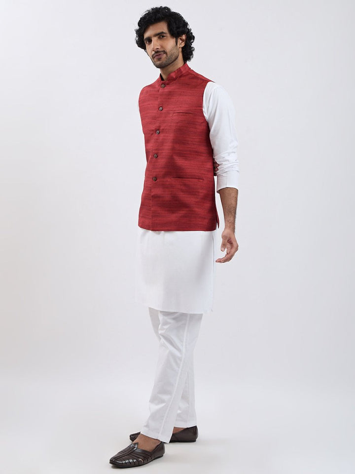 Men's Maroon & White Jacket Kurta Pyjama Set - House of Sarvati LLC