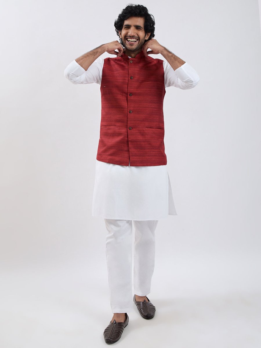 Men's Maroon & White Jacket Kurta Pyjama Set - House of Sarvati LLC