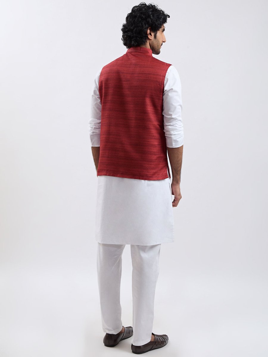 Men's Maroon & White Jacket Kurta Pyjama Set - House of Sarvati LLC