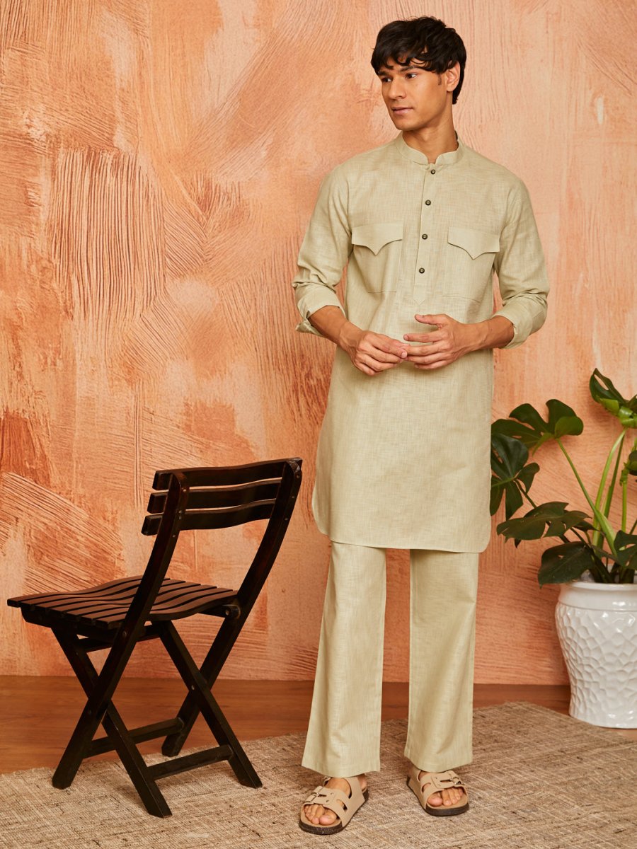Men's Mint Green Cotton Slub Kurta and Pyjama Set - House of Sarvati LLC