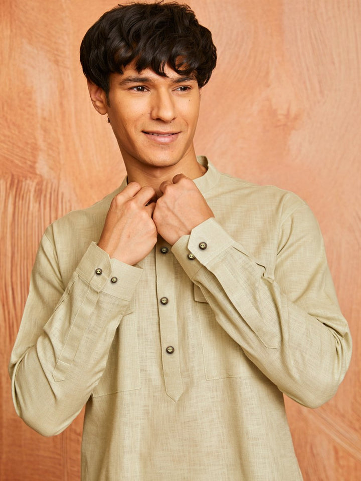 Men's Mint Green Cotton Slub Kurta and Pyjama Set - House of Sarvati LLC