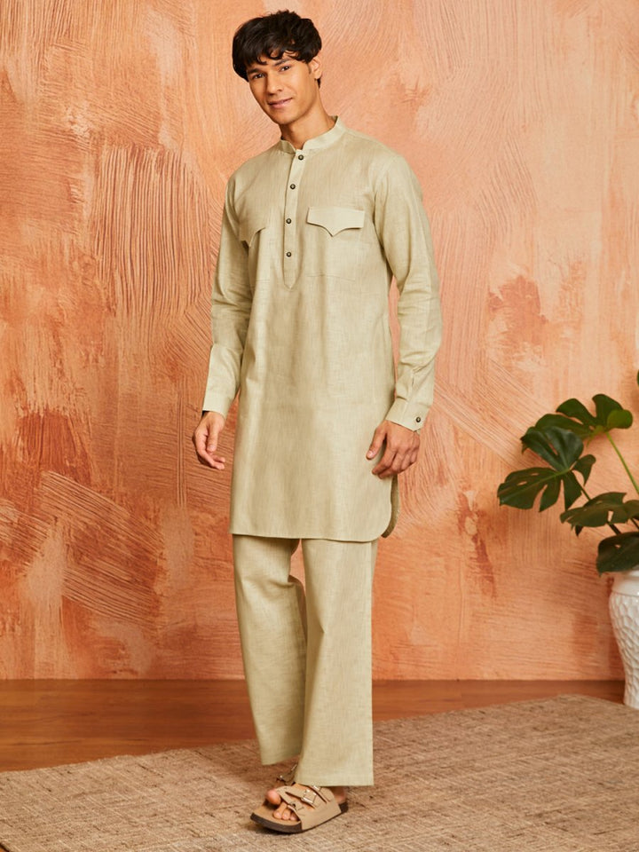 Men's Mint Green Cotton Slub Kurta and Pyjama Set - House of Sarvati LLC