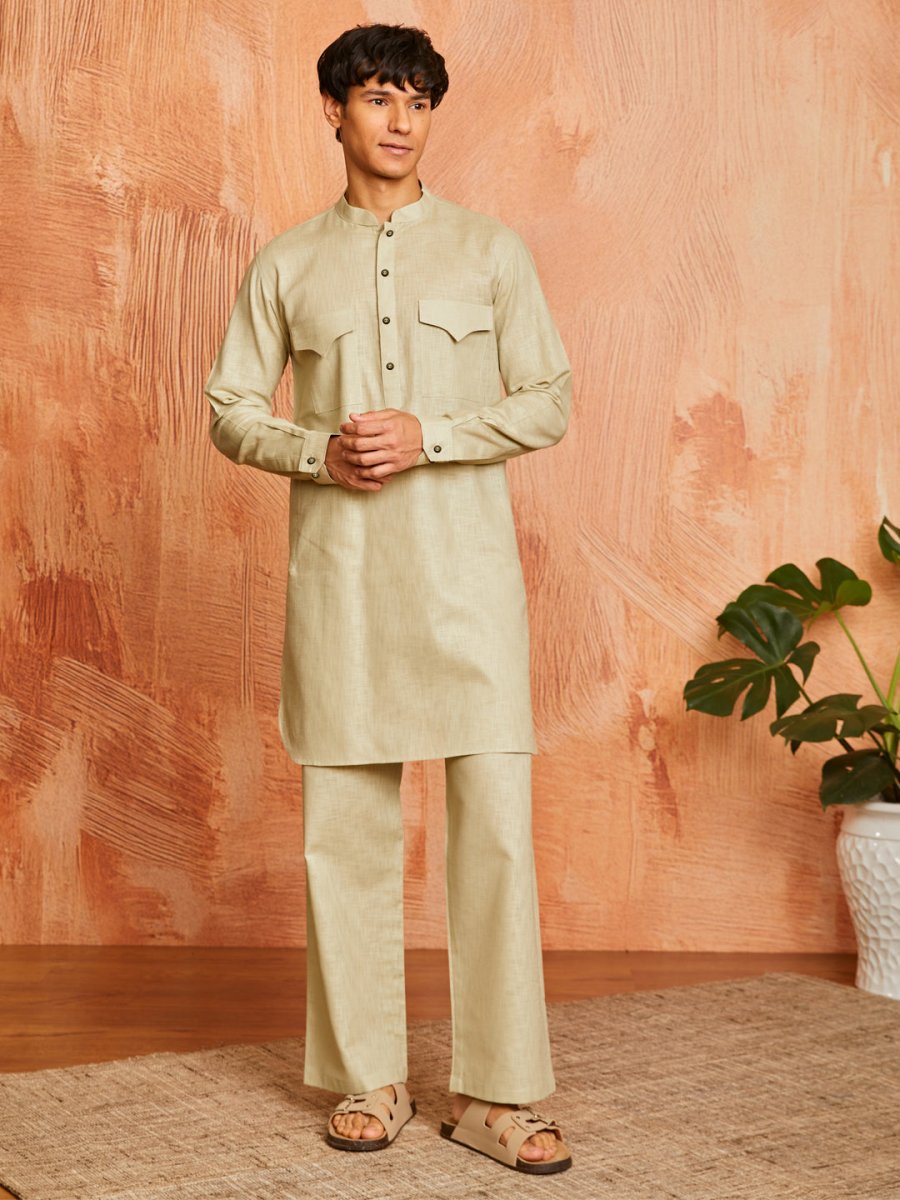 Men's Mint Green Cotton Slub Kurta and Pyjama Set - House of Sarvati LLC