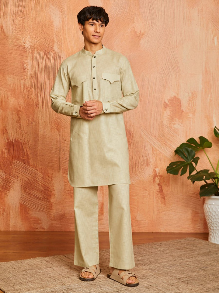 Men's Mint Green Cotton Slub Kurta and Pyjama Set - House of Sarvati LLC