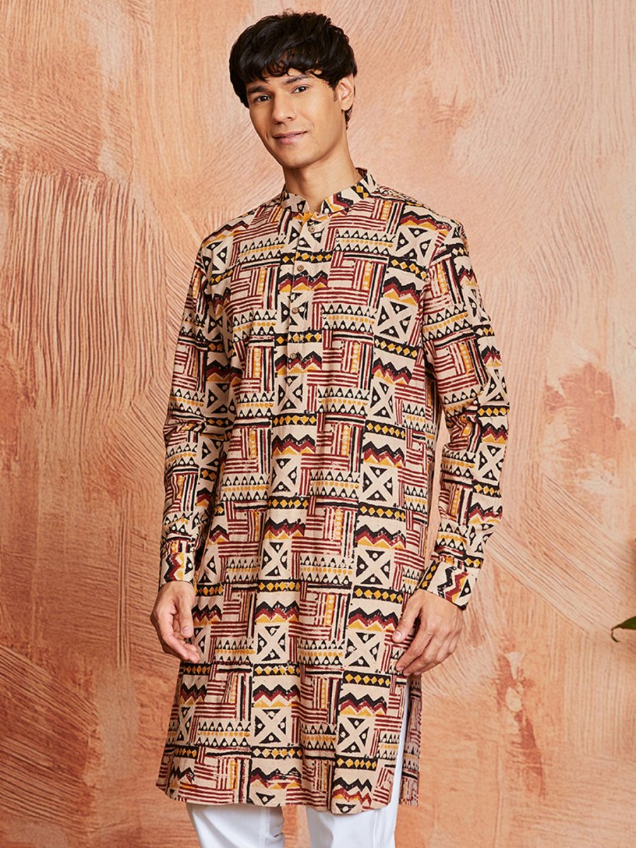 Men's Multi - Color Cotton Kalamkari Print Kurta - House of Sarvati LLC