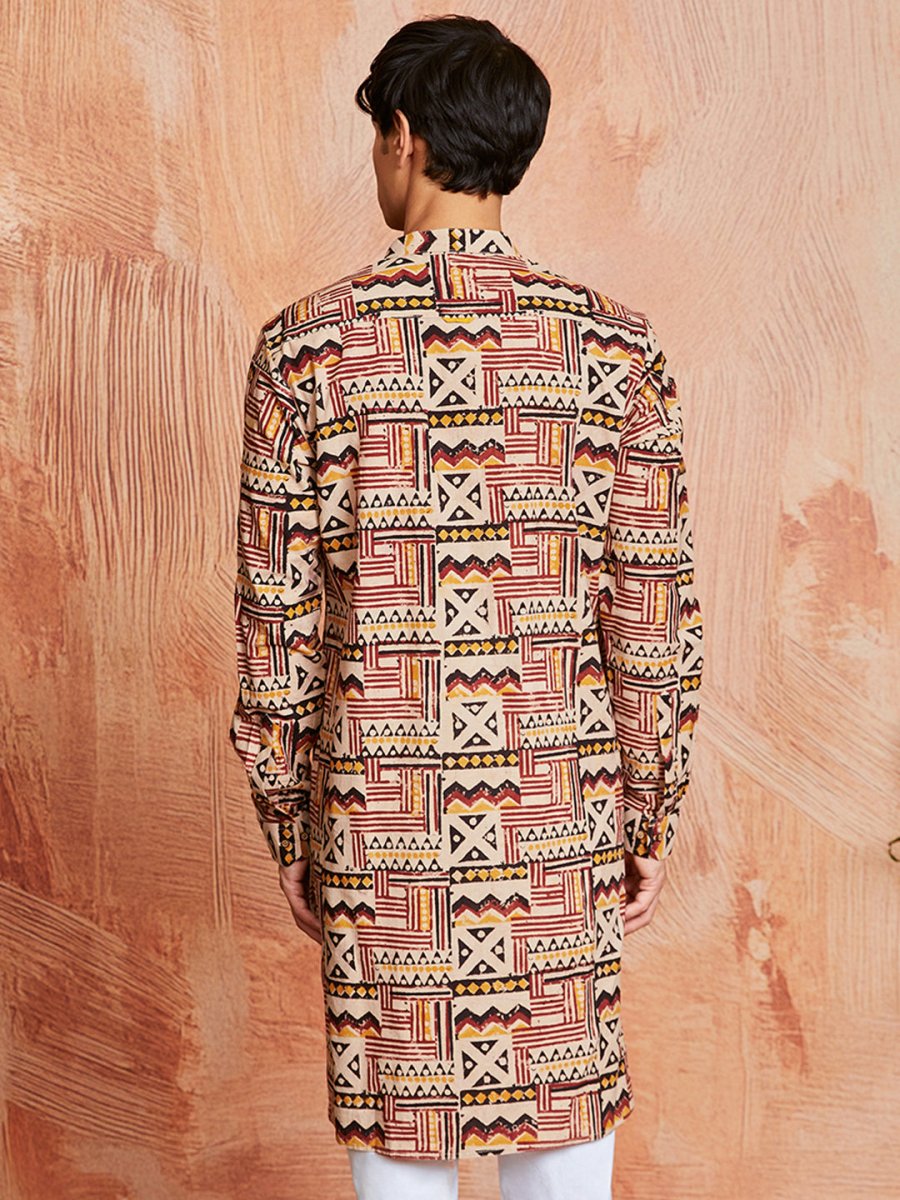 Men's Multi - Color Cotton Kalamkari Print Kurta - House of Sarvati LLC