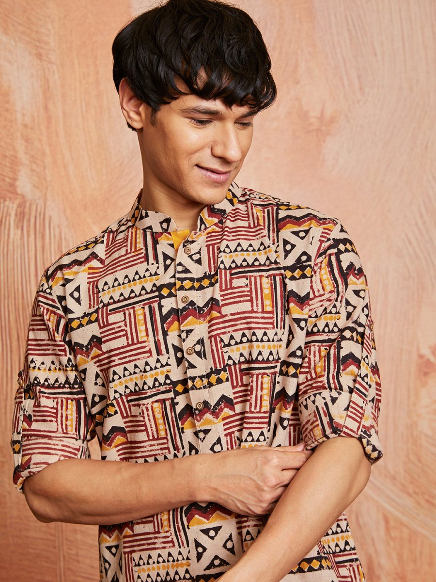 Men's Multi - Color Cotton Kalamkari Print Kurta - House of Sarvati LLC