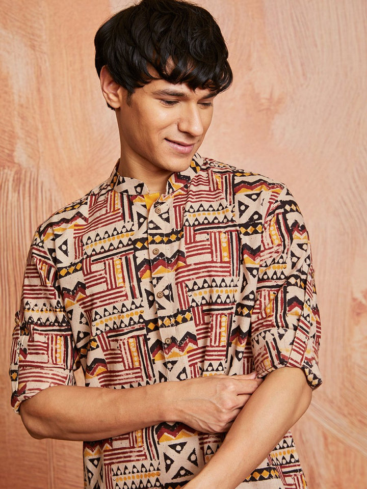 Men's Multi - Color Cotton Kalamkari Print Kurta - House of Sarvati LLC