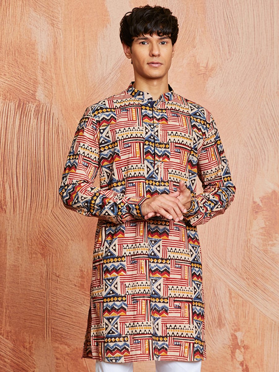 Men's Multi - Color Cotton Kurta with Kalamkari Print - House of Sarvati LLC