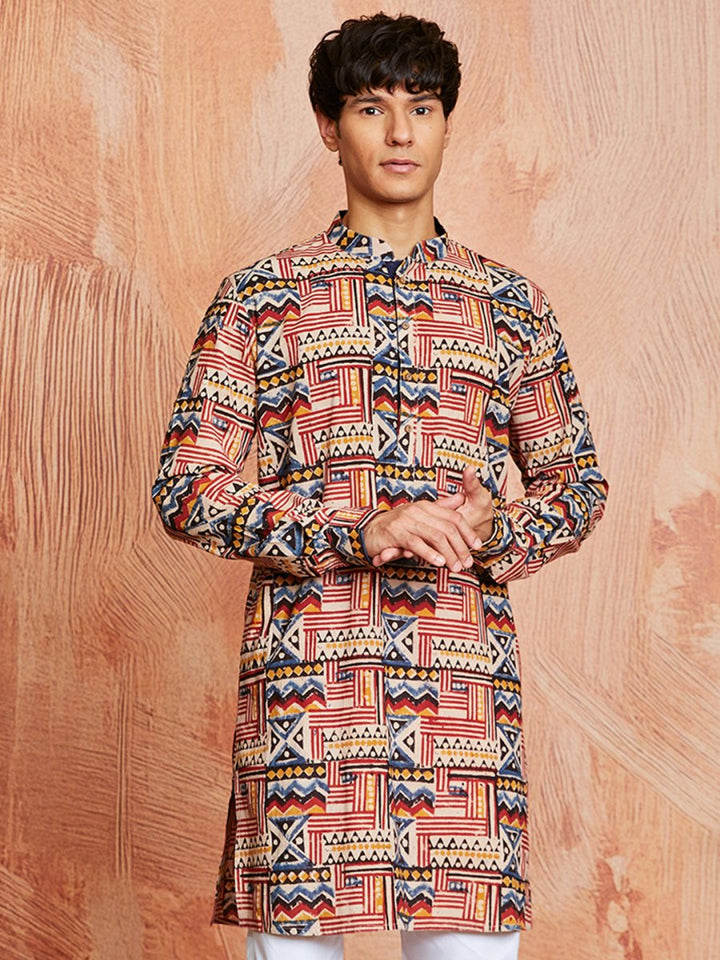 Men's Multi - Color Cotton Kurta with Kalamkari Print - House of Sarvati LLC