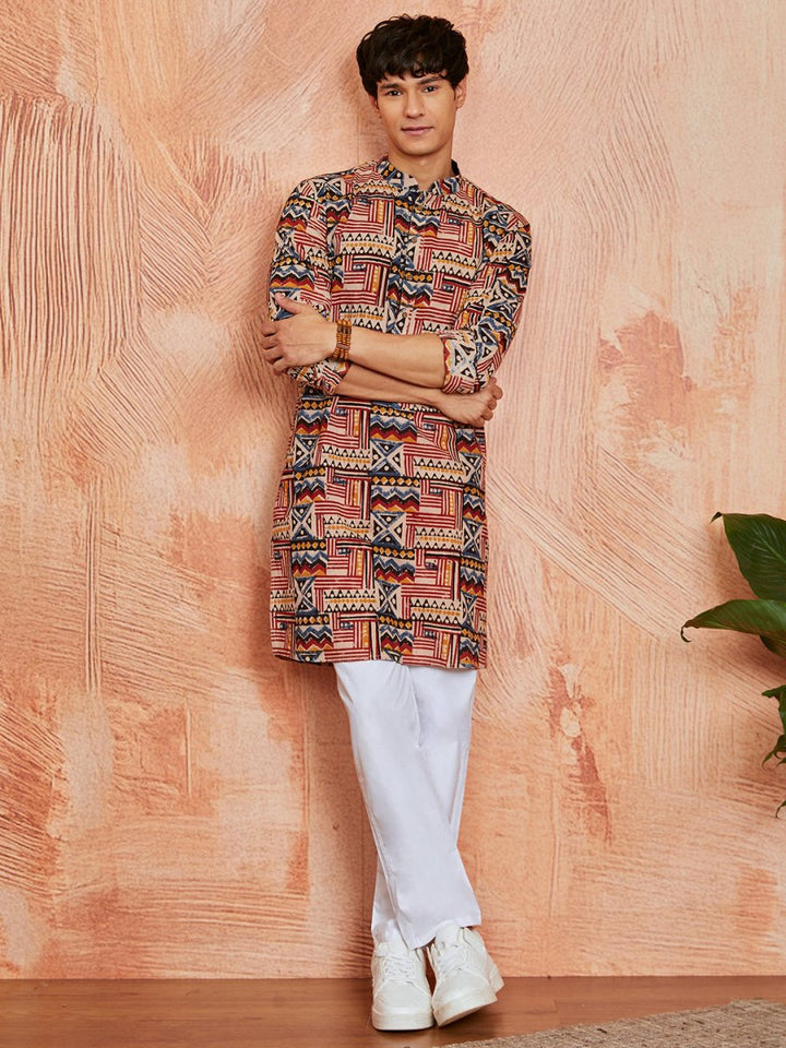 Men's Multi - Color Cotton Kurta with Kalamkari Print - House of Sarvati LLC