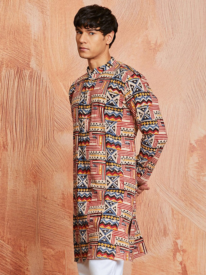 Men's Multi - Color Cotton Kurta with Kalamkari Print - House of Sarvati LLC