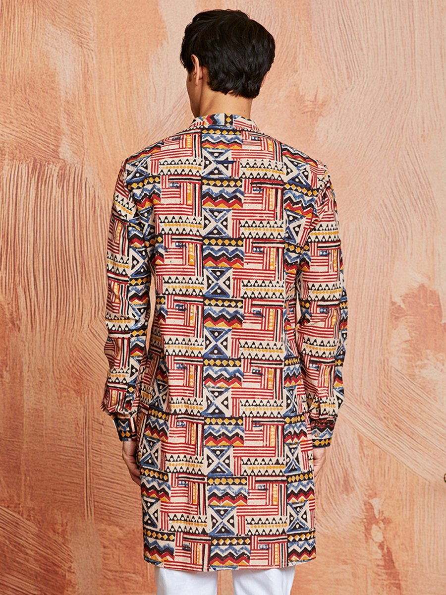 Men's Multi - Color Cotton Kurta with Kalamkari Print - House of Sarvati LLC