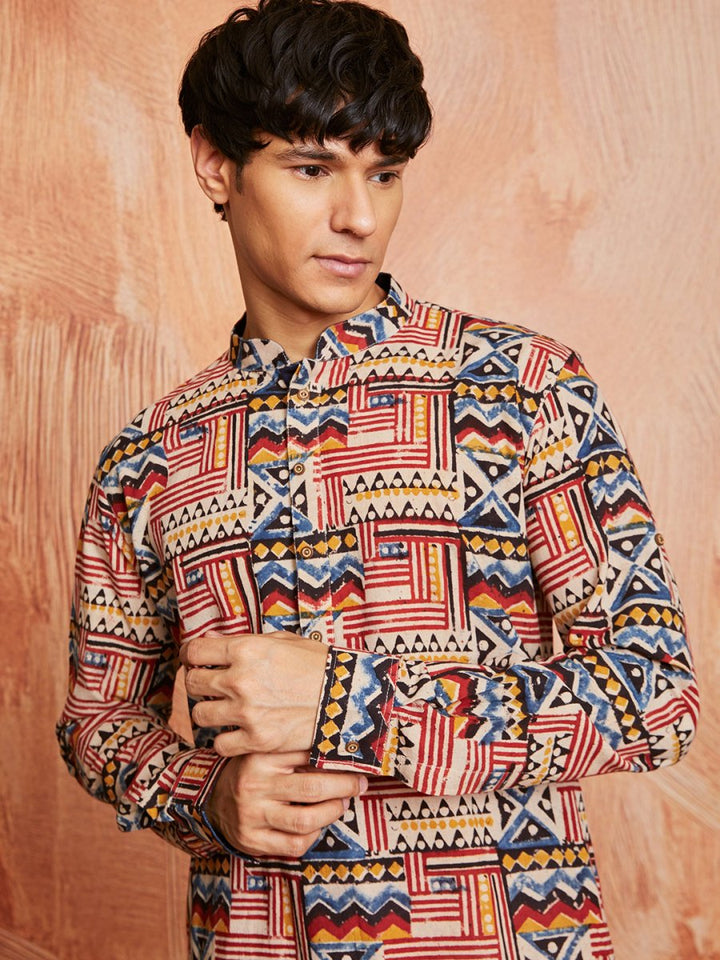 Men's Multi - Color Cotton Kurta with Kalamkari Print - House of Sarvati LLC