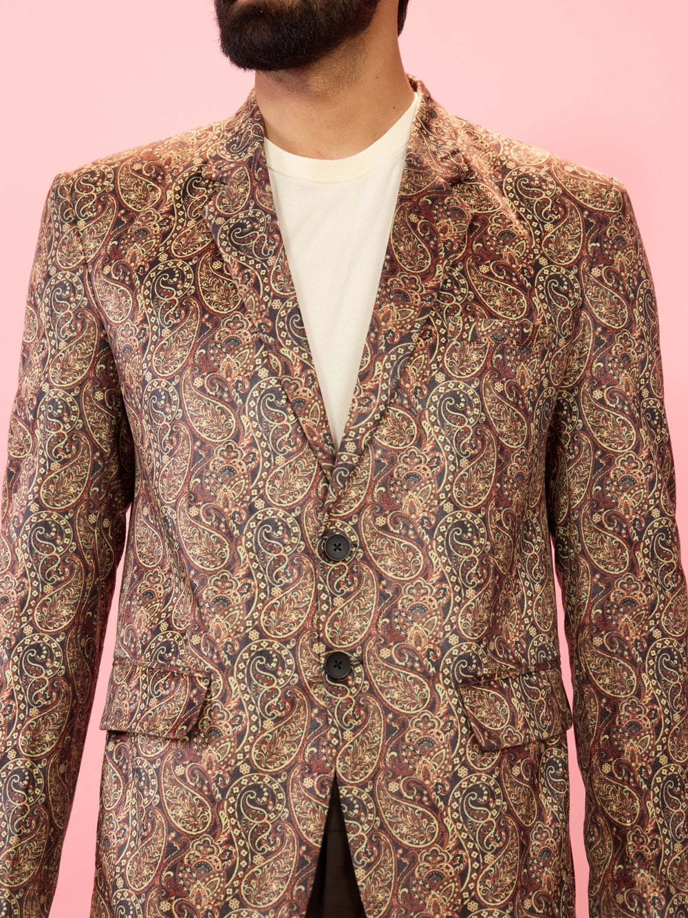 Men's Multicolour Velvet Patch Paisley Digital Print Notch Collar Wedding Blazer - view 2