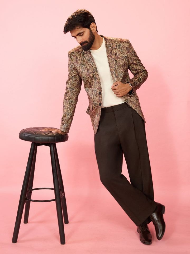 Men's Multicolour Velvet Patch Paisley Digital Print Notch Collar Wedding Blazer - view 6