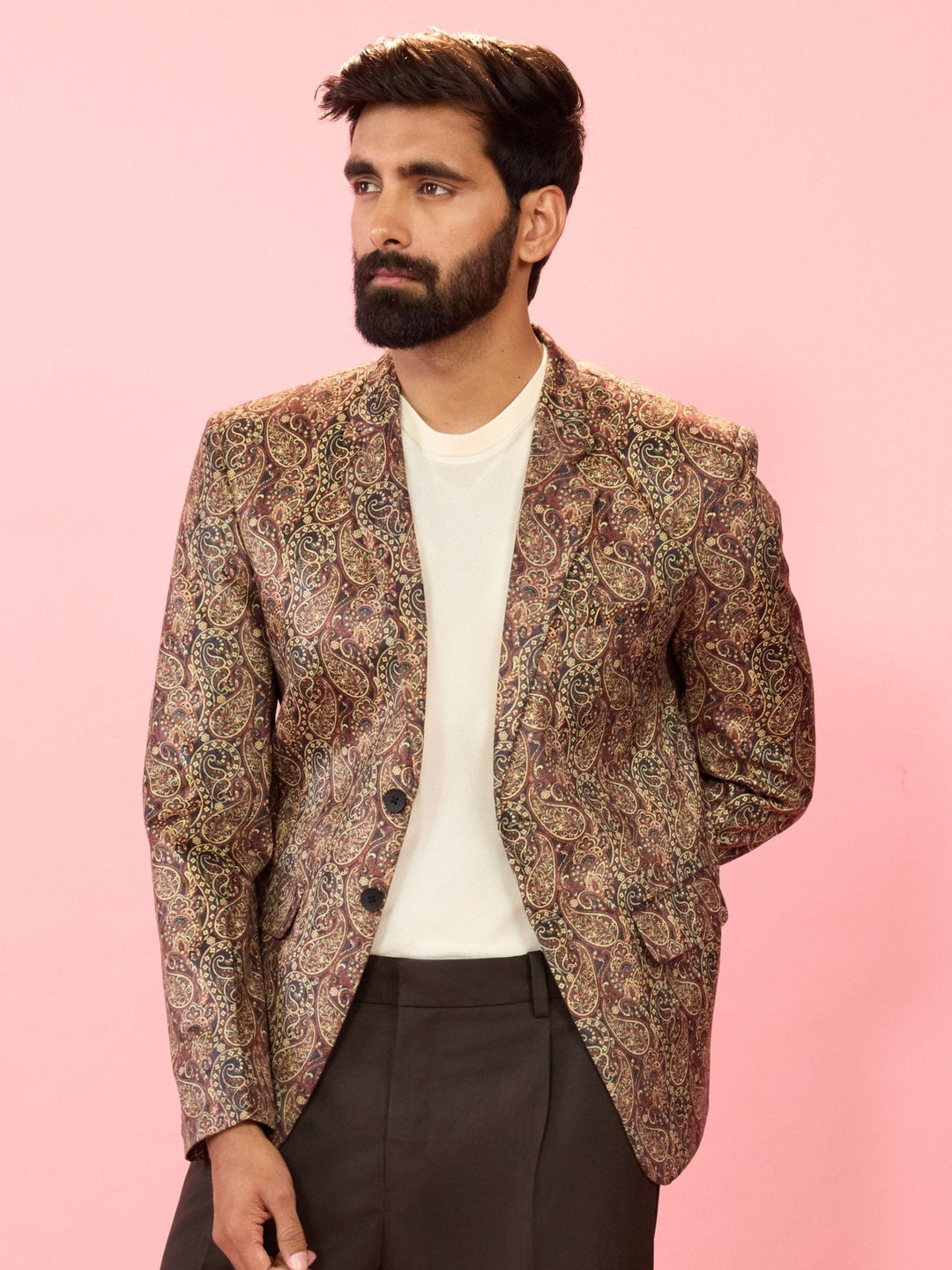 Men's Multicolour Velvet Patch Paisley Digital Print Notch Collar Wedding Blazer - view 4