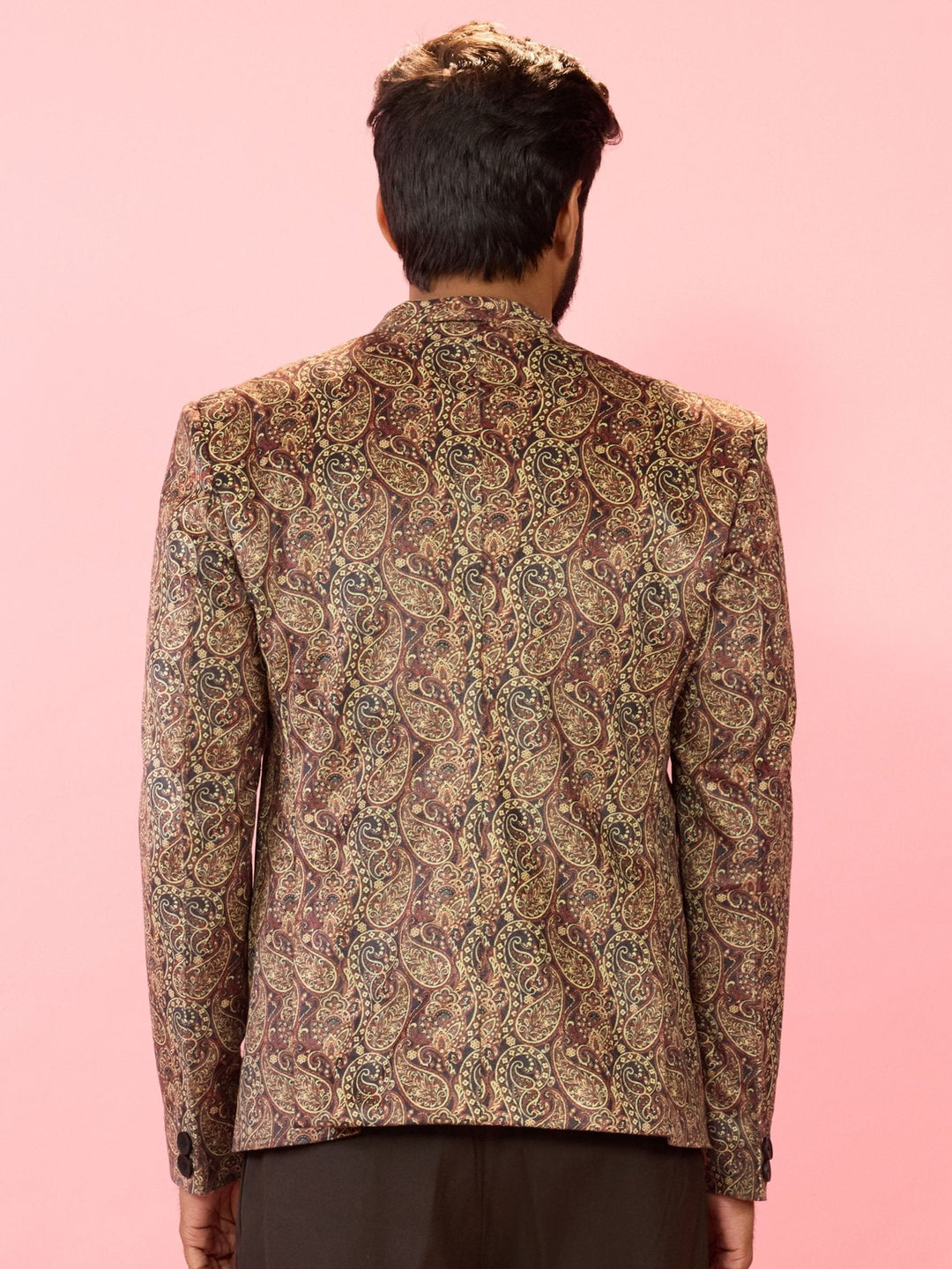 Men's Multicolour Velvet Patch Paisley Digital Print Notch Collar Wedding Blazer - view 5