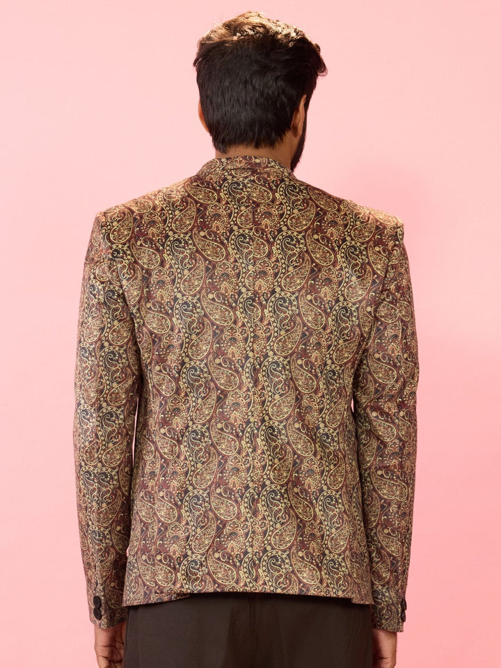 Men's Multicolour Velvet Patch Paisley Digital Print Notch Collar Wedding Blazer - view 5